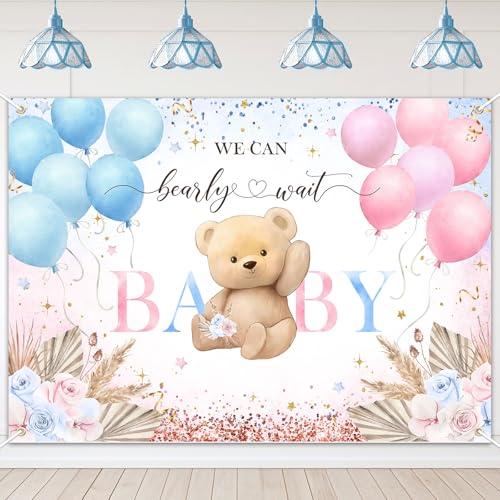 Image of Avezano Boho Bear Gender Reveal Backdrop Banner Boho Floral We Can Bearly Wait Gender Reveal Decorations Pampas Grass He or She Baby Shower Party Decor (7x5ft)