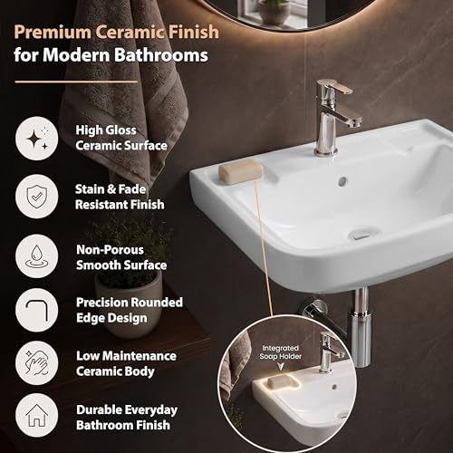 Image of WASSMIST Wash Basin | Wall Hung Wash Basin for Bathroom with 10 Year Glaze Warranty | Premium Ceramic Compact Basin with Tap Hole (15.7 X 14 X 6.1 Inch)