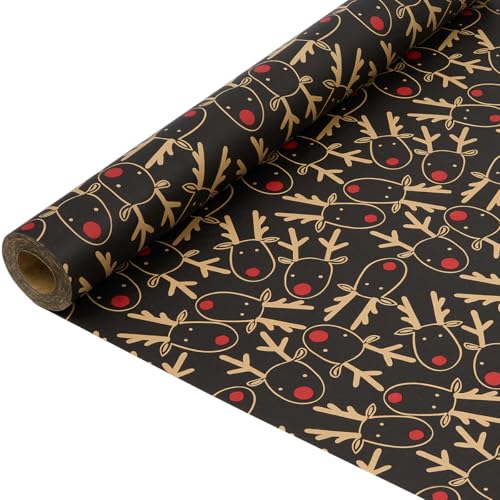 Rollo de papel de regalo negro: Rollo de papel de regalo reciclable Kraft con cabeza de reno para Navidad, cumpleaños y Acción de Gracias - 43 cm x 15 m