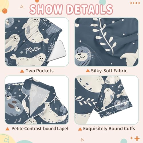 senya Seal and Grass Satin Summer Pajama Sets Silk Short Sleeve Button Down Sleepwear3