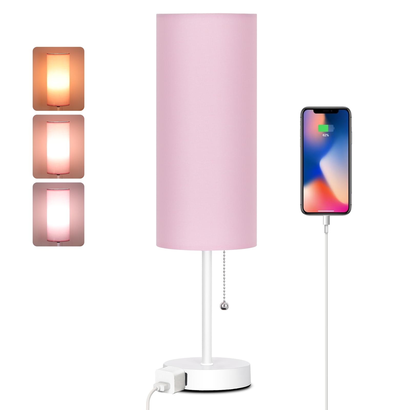 Dott Arts 18" Table Lamp for Bedroom, 3-Color Bedside Lamps with Pull Chain, Bedroom Table Lamps for Nightstand,AC Outlet Small Lamp for Living Room, Bulb Included Pink