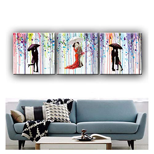 feitao Pintura Abstracta romántica Beso Amantes bajo el Paraguas Lienzo Cuadros Arte de la Pared Pintura al óleo Pintada para decoración del hogar Regalo -24x24 Pulgadas sin Marco 3 Piezas