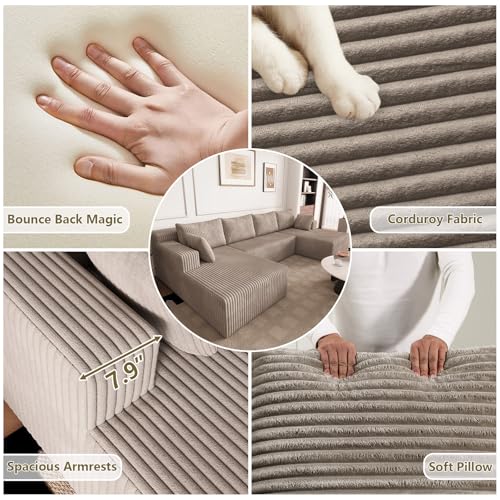 Image of 124 inch Modular Sectional Sleeper Sofa, Boneless Cloud Couch for Living Room, U Shaped 3 Seat Sofa with Deep Seat, Free Combination, Couch in a Box, No Assembly Required (Camel)