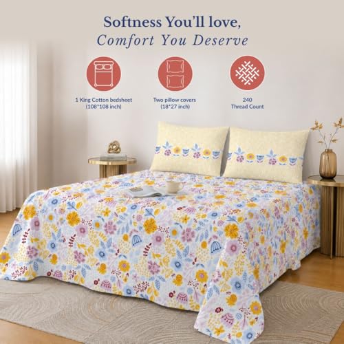 Image of Jaipur Weaves Cotton King Size Bedsheet 108x108 Super King, 100% Pure Cotton Bed Sheet with 2 Pillow Covers, 240 TC Soft Breathable Floral Design Bedding - (Sunny Floral Delight, Super King)