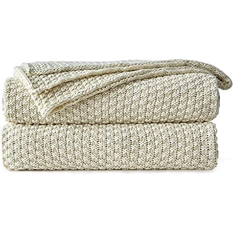 Longhui bedding Cream Knitted Throw Blanket for Couch - Soft, Cozy Machine Washable 100% Cotton Sofa Knit Blankets, Heavy 4.0lb Weight, 60 x 80 Inches, Beige Color Cover