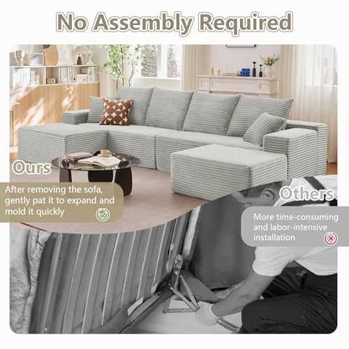 Image of 140 inch Sectional Cloud Couch for Living Room, Stupendous U Shaped Sofas, Modular Floor Deep-Seat Sofa, Big Comfy Corduroy Couches Set with Fluffy Memory Foam, No Assembly Required, Grey