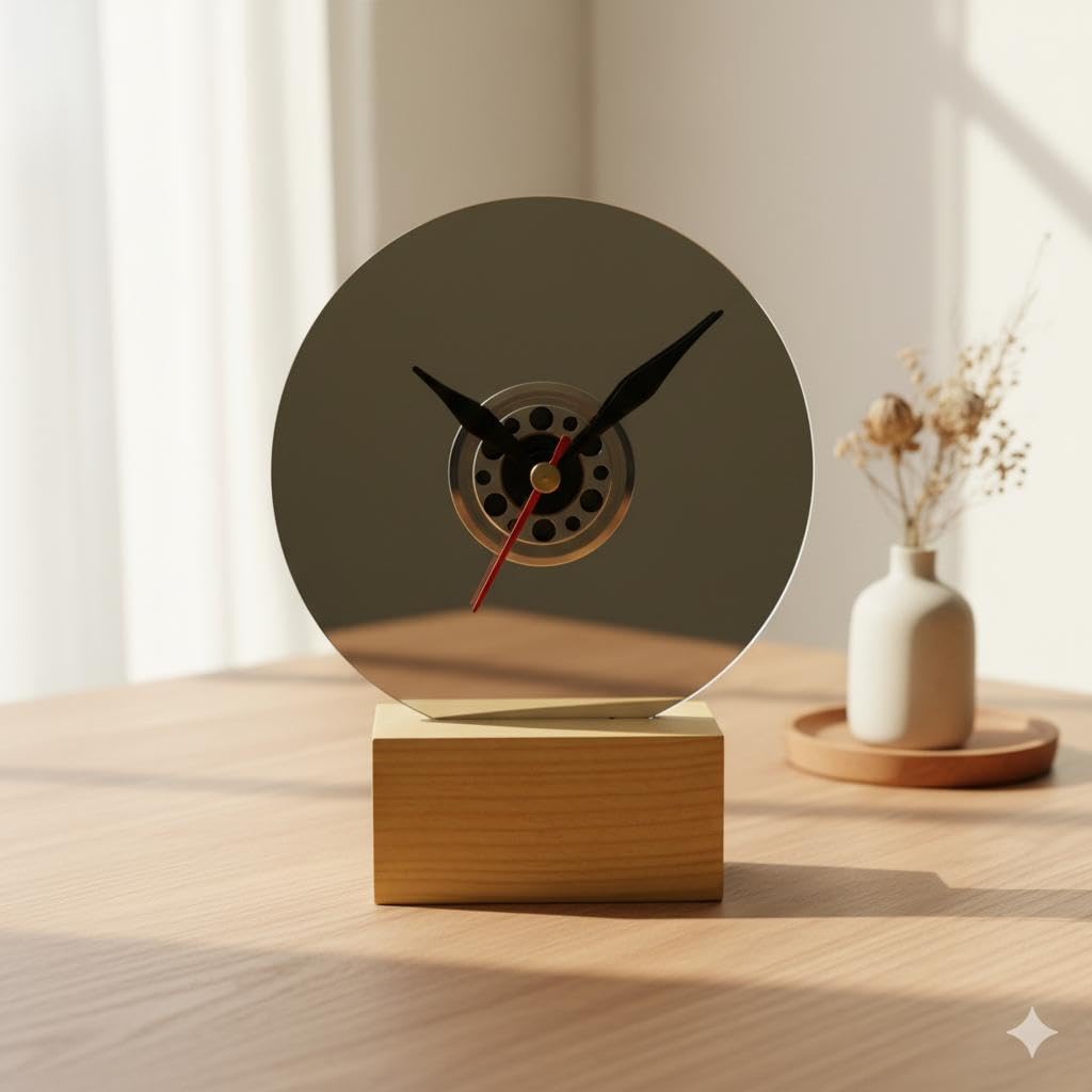 Recycled HDD Plate Table Clock - Upcycled Hard Drive Disk Clock with Natural Wood Base