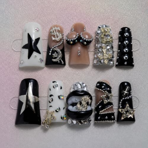 IntoVibes 10 Pieces Luxury Acrylic Press On Nails Long Handmade Duck Nails, White And Black Thickened False Nails, Exaggerated Lips And 3D Dollar Sign, Reusable Fake Nails, Acrylic Nails (L) — view 3