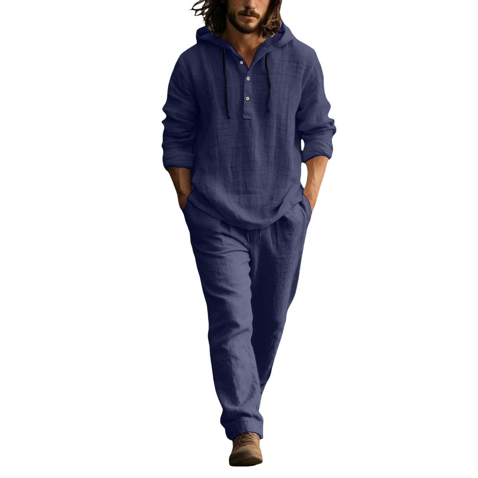 Ensemble Lin Homme 2 Pièces Été,T-Shirt À Capuche Et Pantalon Tenues D'Été Manches Longues Ensemble Jogging Homme Chemise Boutonnée Survêtement Ensembles Streetwear Loisirs Confortable