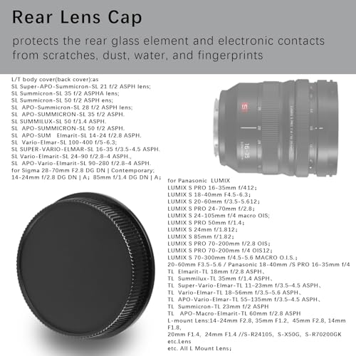 Tapa trasera para lente y tapa para cuerpo de cámara LT, compatible con cámaras SL2, SL(Typ 601), TL, T, CL, S1, S1R, S1H, S5 y lentes L-mount como 14-24mm f/2.8, 35mm f/1.2 miniatura 4