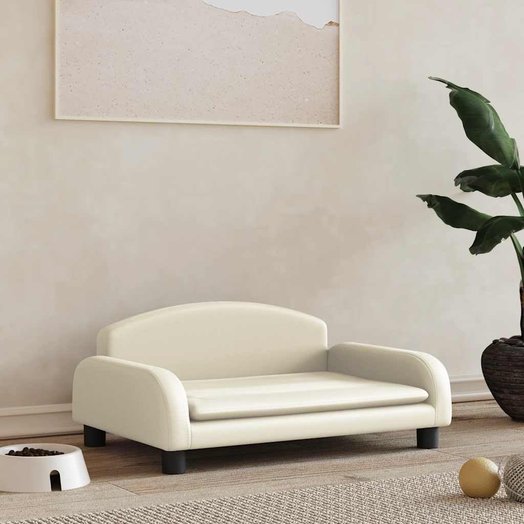 Lit pour chien en bois et cuir crème idéal pour le repos des animaux dans votre salon