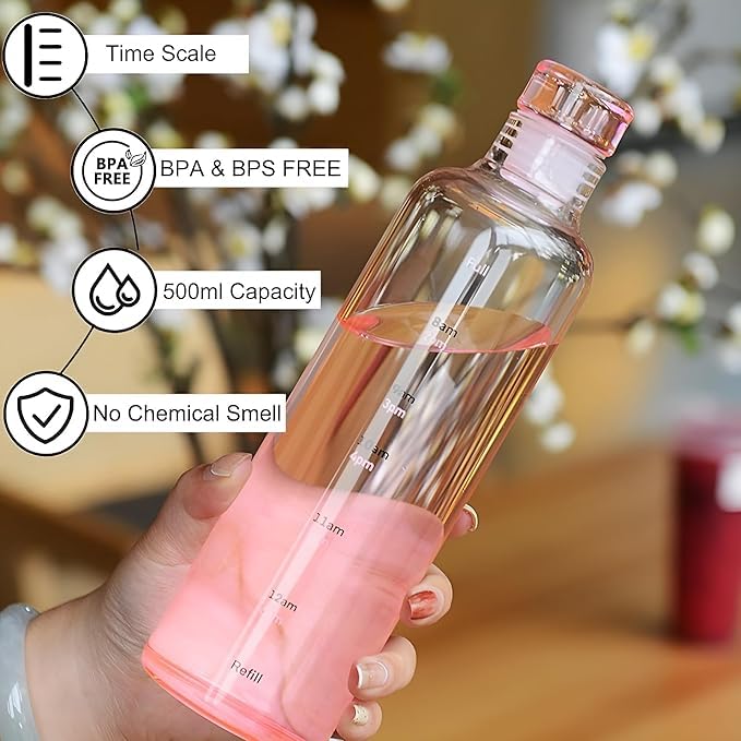 Image of Glass Borosilicate Water Bottle With Cap 500 ML Leak Proof & Airtight Lid with Time Marker Water Bottle For Home,Office,School, College, Gym, Daily Uses (Multi color Set of 6)