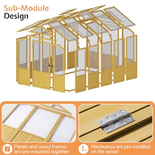 Jocisland 6x8x6.5 Ft Wooden Greenhouse, Pre-Assembled Solid Cedar Frame, Walk-in Design, Lockable Door, Adjustable Roof Vents, Polycarbonate Panels for Outdoor, Garden, Backyard - Image 3
