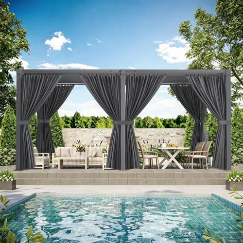 SAILARY Louvered Pergola 12' x 16' with Waterproof Curtains, Outdoor Aluminum Pergola with Reinforced Steel Roof, Heavy-Duty Hardtop Gazebo, Privacy Shaded Shelter, Grey
