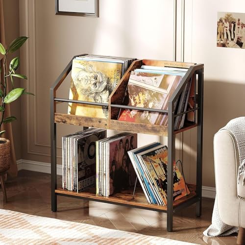 CHOEZON 2-Tier Vinyl Record Storage Holder Rack, 250 LP Albums Display Shelf, Wooden Vinyl Storage Rack with Wire Dividers for Records, CDs, Books, Rustic Brown and Black TCW07BF