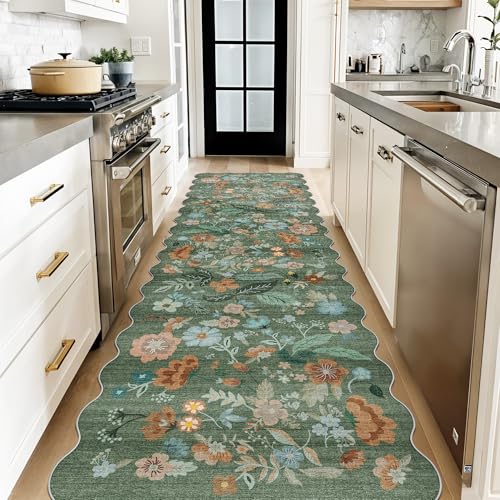 Washable 3x10 Hallway Runner Rug: Floral Scalloped Soft Runners for Entryway Kitchen Nursery Non Slip Bathroom Floor Mat Water Resistant Light Weight Carpet for Living Room Bedroom (3x10 Floral/Green)