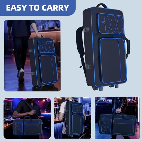 Image of Rolling DJ Controller Case with Wheels Compatible with DDJ-FLX10 / 1000 / 1000SRT / DDJ-GRV6 / REV5 / REV7, Padding DJ Backpack with Adjustable Shoulder Strap and Multi-Pocket for Gear (Blue, with wheels)