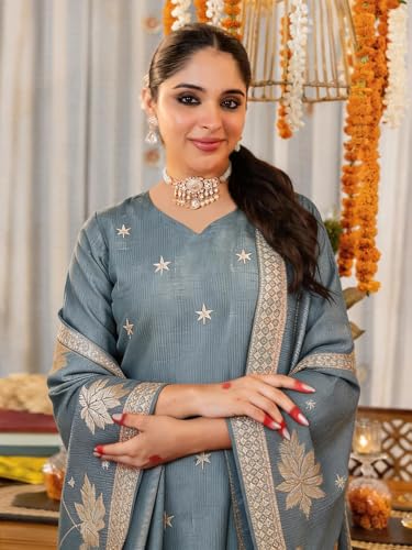 Image of Pinkmint Women Jacquard Silk Ethnic Kurta with Dupatta Suit for Women | Straight Fit Designer Wear with Woven Pattern & Tassel Dupatta | Availble in Plus Size
