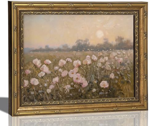 Image of Gold Framed Vintage Pink Wildflower Canvas Wall Art, Spring Field Landscape Painting Picture Wall Decor, Farmhouse Flower Print Poster Artwork for Rustic Living Room Home Decoration 9x11in
