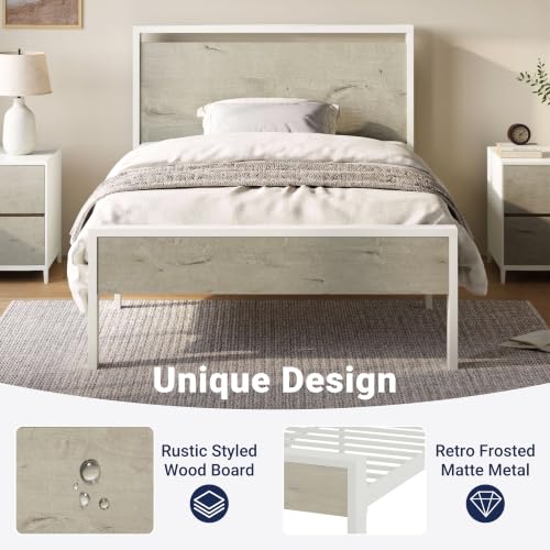 Image of Allewie Twin Size Bed Frame, Heavy Duty 12 Metal Slats Support, White | Wooden Headboard and Footboard, Modern Platform Bed, No Box Spring Needed, Under-Bed Storage, Noise Free, Easy Assembly