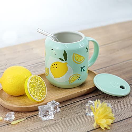 Taza de porcelana con tapa y pajilla, 13 oz, diseño limón miniatura 4
