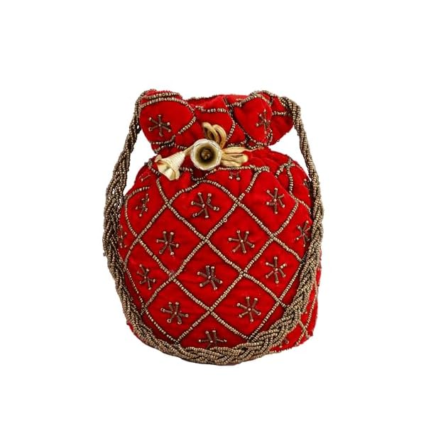 myDsGifts Women's Hand Embroidered Velvet Potli Bag (Single, Red)