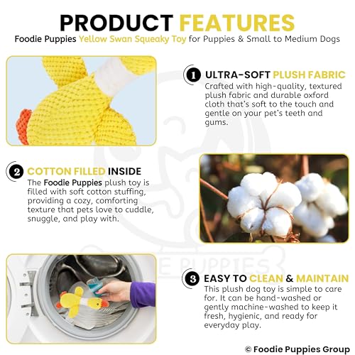 Image of Foodie Puppies Interactive Dog Squeaky Plush Toy (Yellow Swan) for Puppies & Small to Medium Dogs | Durable Cotton Stuffed for Teething, Cuddling & Play