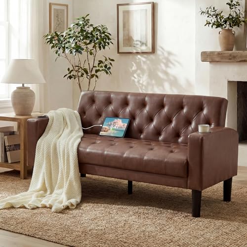 TYBOATLE Brown Faux Leather Loveseat with USB