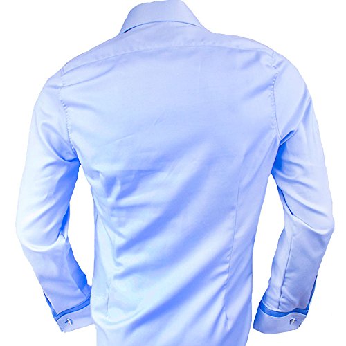Anton Alexander Light Blue with Dar k Blue French Cuff Designer Dress Shirts - Made in USA (L Fitted)