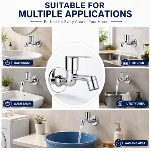Image of Furiq Bath F-Series Brass Long Body Bib Cock Tap for Bathroom & Kitchen | Chrome Plated Wall Mounted Faucet | Quarter Turn Handle | Rust Proof & Leak Resistant | 1 /2 Inch BSP Thread