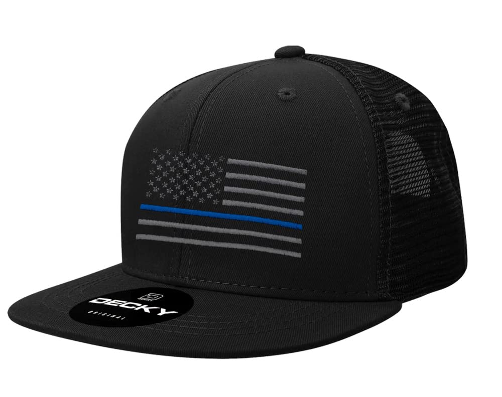 DECKYAmerican Thin Blue Line Flag Decky Mesh Snapback Black Hat (Black)