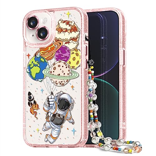 Image of Designed for iPhone 14 Case Pink Glitter Clear - Cute Bling Phone Case with Wrist Strap - Aesthetic Y2K Case for Woman, Girl 6.1 inch (Spaceman)