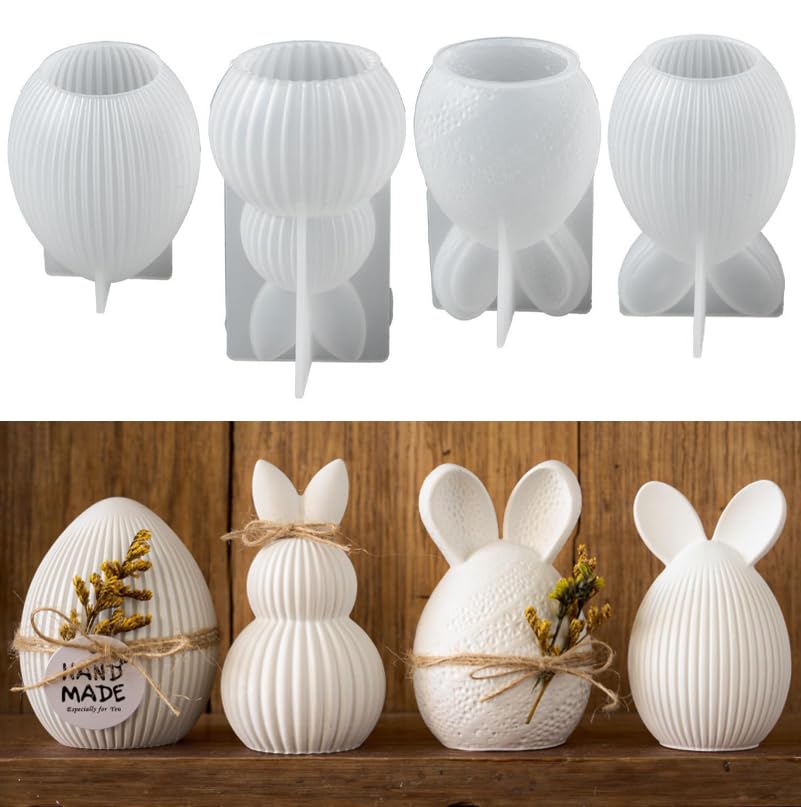 Bafiwu Moules en Silicone Thème Pâques, Lot de 4, Lapins et Œufs, pour Plâtre et Cire de Soja, 12x12x1.5 cm