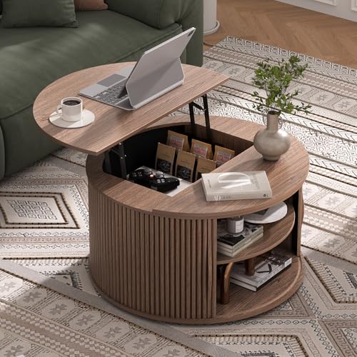 Image of JOINICE Round Lift Top Coffee Table with Storage for Living Room,Walnut | 31.5 inch Drum Design,Hidden Storage&Open Shelf,Modern Fluted Center Table for Small Apartments,Easy Assembly,Up to 150 lbs