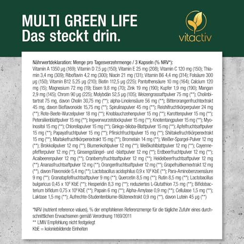 VITACTIV Multi Green Life - Green Food Multivitamin Präparat - Natur Komplex 100 Nährstoffe - Vitamin C, D, E, B Vitamine - Mineralien, Enzyme, Omega3, Vitalpilze, Probiotika, Superfood - 90 Kapseln