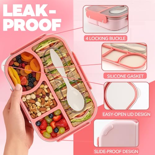 Bento Box for Adults,4 Compartments Lunch Box, Snack Containers Reusable Lunch Containers Drop-Proof, Dishwasher Safe & Made with BPA-Free Materials, Pink - Image 5