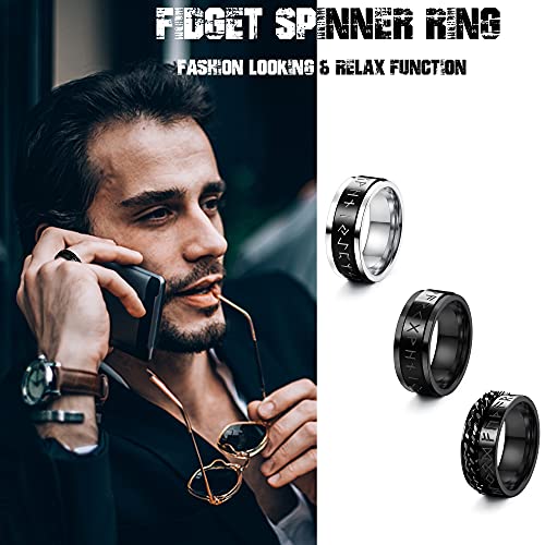 Florideco 3-4Pcs Norse Viking Spinner Runes Ring For Men Women Stainless Steel Rotatable Band Rings Set Cuban Link Rotating Spinner Rings Personalized Engrave Mens Rings Black Silver Size 11 #TOP2