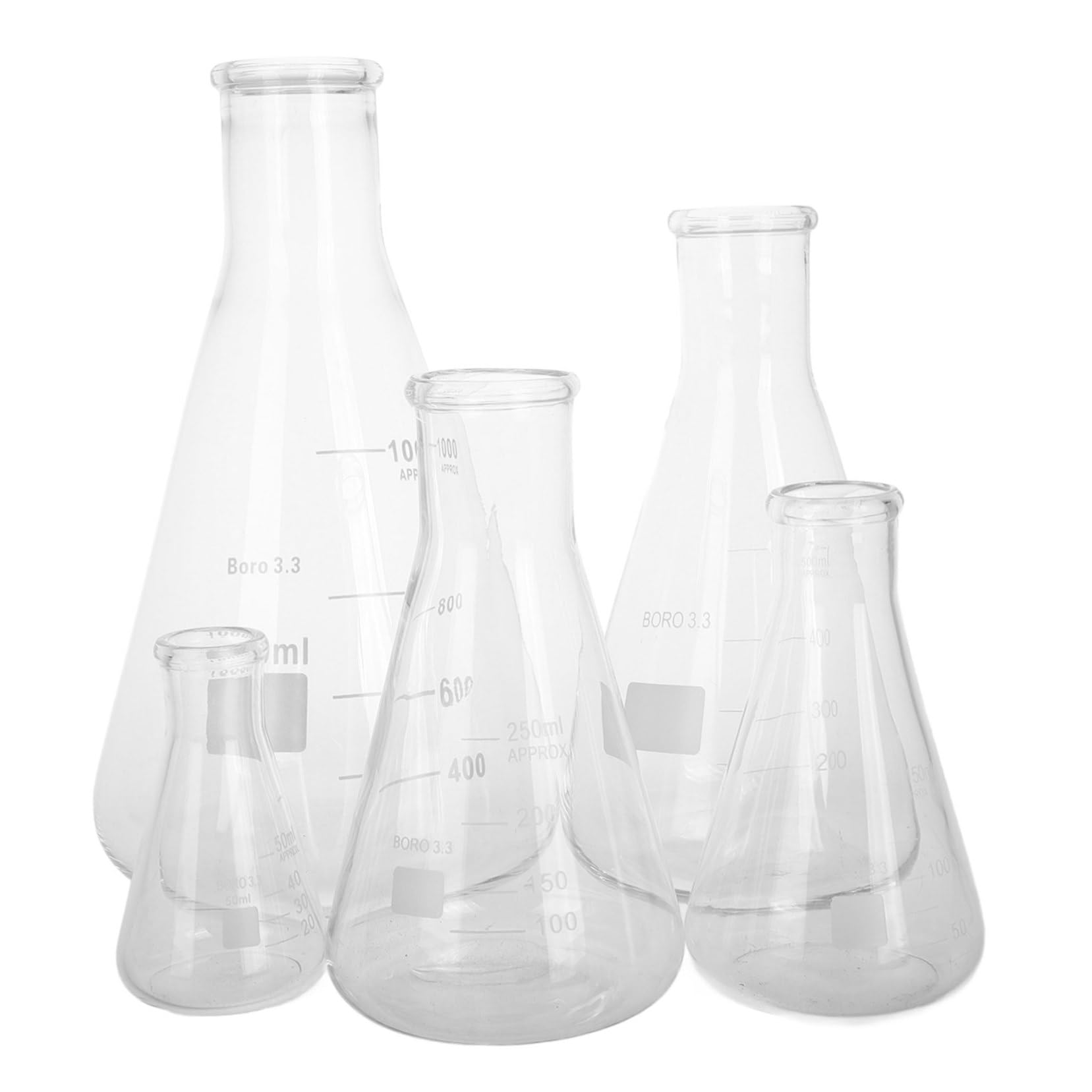 Anneome Juego de 5 Matraces Erlenmeyer de Vidrio Borosilicato de Alta Resistencia Base Triangular, Fácil de Limpiar y Verter, Adecuado para Experimentos y Laboratorio Científico