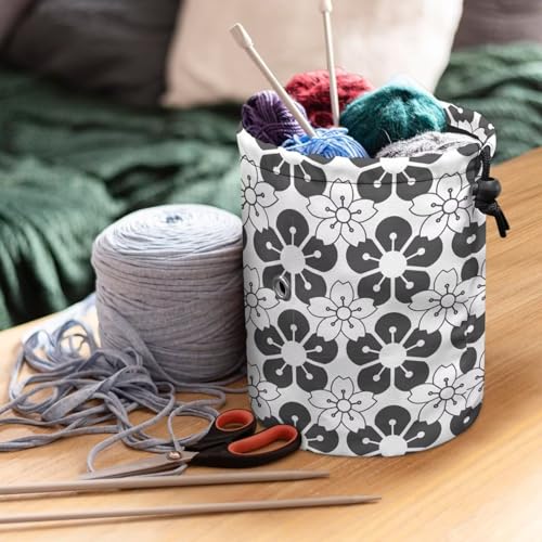 Image of Sellikakes Black White Cherry Blossom Yarn Bag Crochet Storage Organizer, Knitting Yarn Holder for Chrocheting Project, Store Skein Ball, Short Knitting Needle