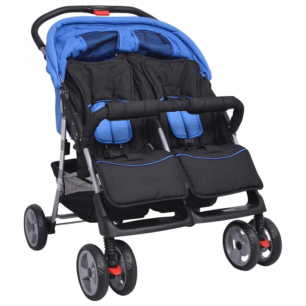 Carrito doble de acero azul y negro plegable con función reclinable y toldo, compacto y ligero para bebés y niños pequeños, ideal para la ciudad, viajes y terrenos