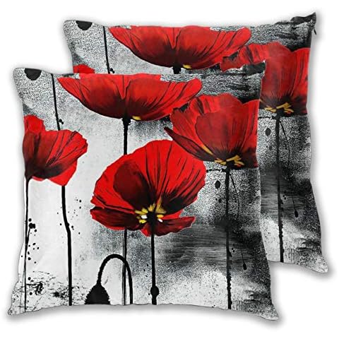 YUDILINSA Throw Pillow Covers,Red Poppy Flower Ink Painting Modern,Pack of 2 Soft Decorative Square Cushion Covers Pillow Case For Sofa Couch Bedroom,40x40cm Cover