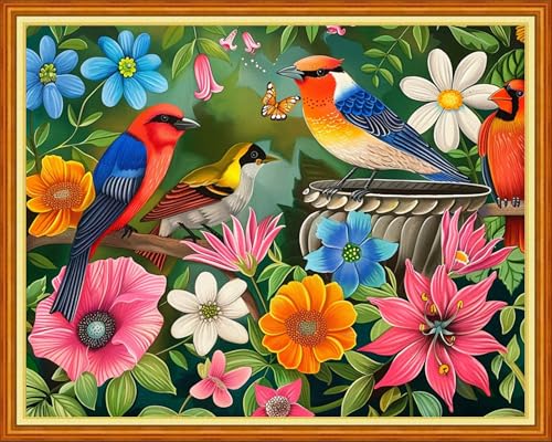 Image of Funchey Stamped Cross Stitch Kits, DIY Cross Stitch Pattern for Adults Beginners Needlepoint Kits Embroidery Kit Arts and Crafts 11CT&Bird Scenery 16x20 inch