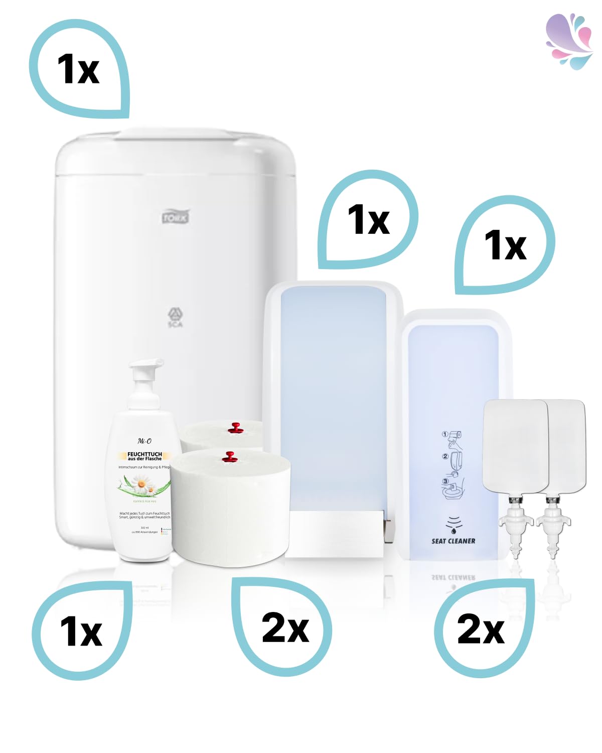 SET Damentoilette Komplettsystem Weiß | Damentoiletten-Komplettset mit Cosmos Spendern, Sitzreiniger, Intimschaum und Hygienezubehör