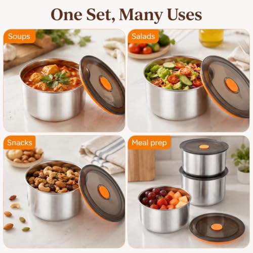 Image of KOMUEE ELEGAR Round Stainless Steel Food Container 50ML | Airtight Silicone Cover | Leak-Resistant Reusable Storage Bowl for Kitchen, Refrigerator, Snacks & Leftover Food (2 pcs food box)