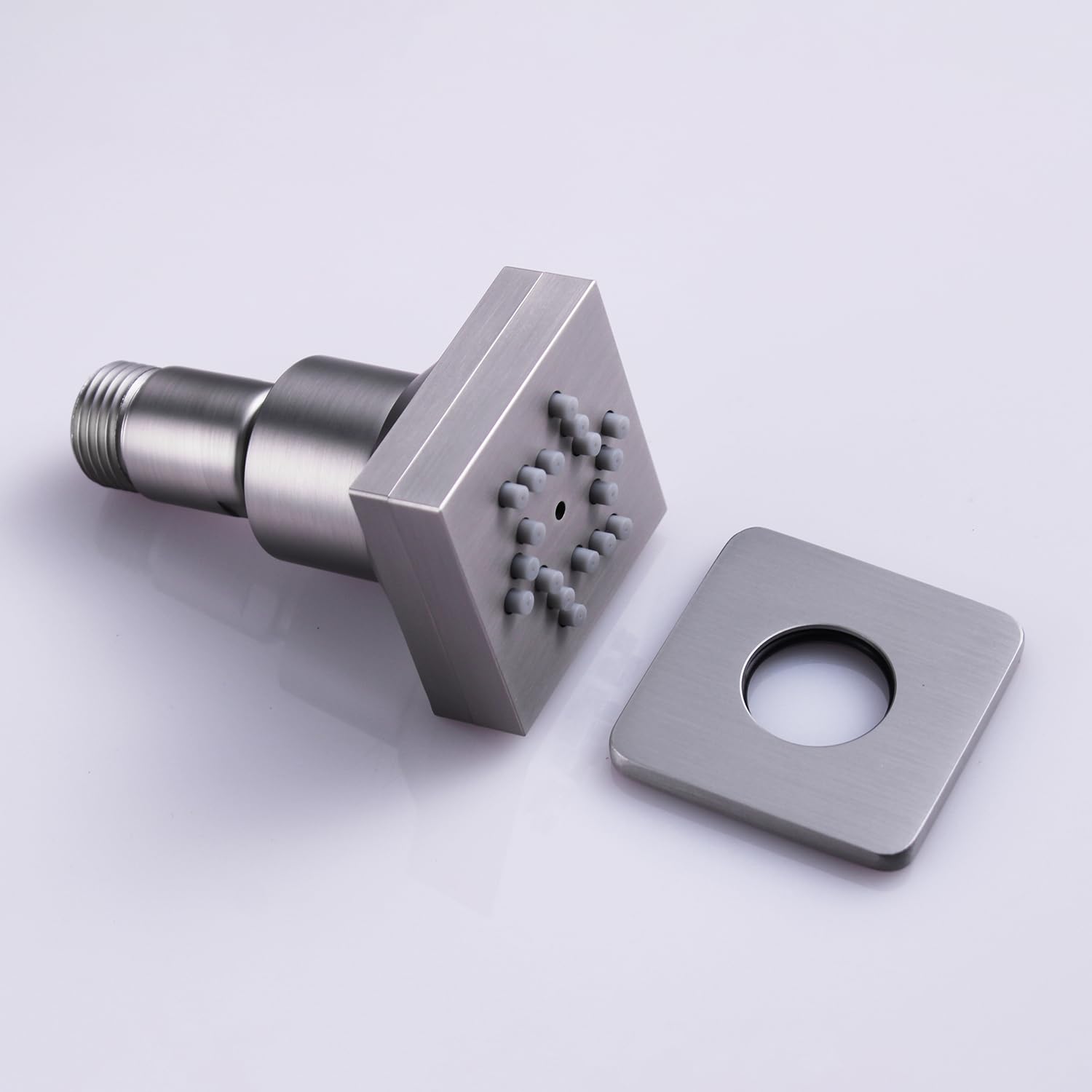 Duschkopf-Sprühdüse, gebürstetes Nickel, Messing, quadratisch, Wandmontage, 2 Funktionen, schwenkbar, Massagedüse, 4 Stück