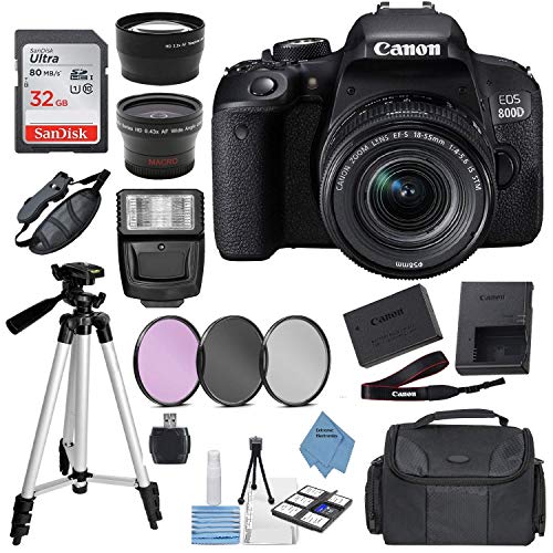 Canon EOS Rebel 800D (T7i) DSLR Camera w/ 18-55mm Lens(Black) with Accessory Bundle, Package Includes: SanDisk 32GB Card + DSLR Bag + 50 Tripod+Extreme Elec Cloth (International Model)