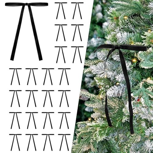 Image of 24 Pcs Black Velvet Bows Ornaments for Christmas Tree, Vintage Rustic Elegant Velvet Christmas Bows Tree Decorations, Indoor Home Decor for Wreath Mantle Gift Wrap Holiday Decor, 3 /8'' W, 5 * 7 inch