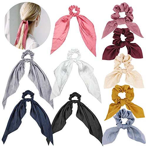 Bow Hair Scrunchies for Women,Amcami 10 Pack Satin Silk Scarf Scrunchy Elastics Scrunchies Hair Bow,Solid Bunny Ear Soft Hair Ties Bowknot Ponytail Holder for Women Accessories