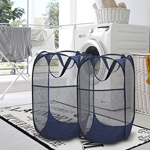 Image of BATTOO Deluxe Strong Mesh Pop up Laundry Hamper Basket with Side Pocket Foldable Hamper for Laundry Room, Bathroom, Kids Room, College Dorm or Travel Navy + Navy