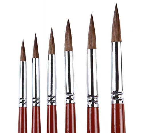 6Pcs Sable Hair(Weasel Hair) Round Brush Set for Acrylic Oil Gouche and Watercolor Painting Wooden Long Wooded Handle Environmental